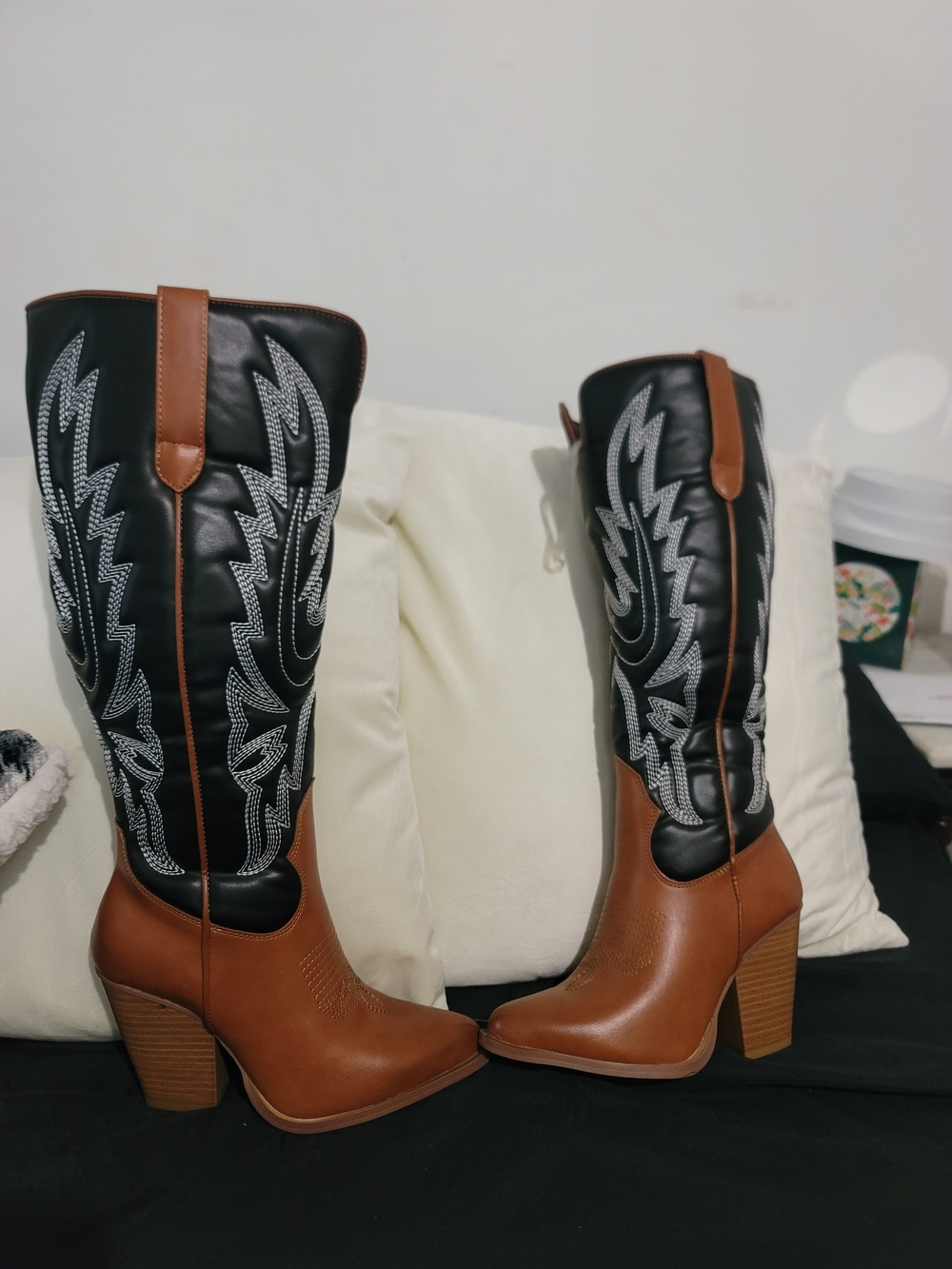 Black and Brown Western Block Heel Women's Boots
